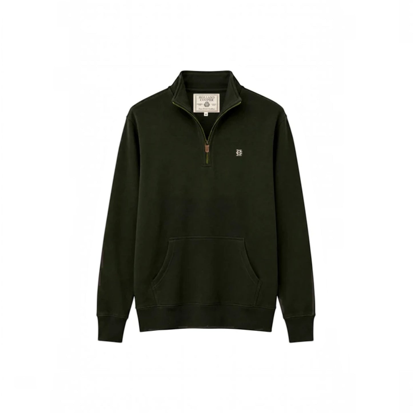 A dark olive green quarter-zip sweatshirt with a small embroidered logo on the left chest, displayed on a clean white background.