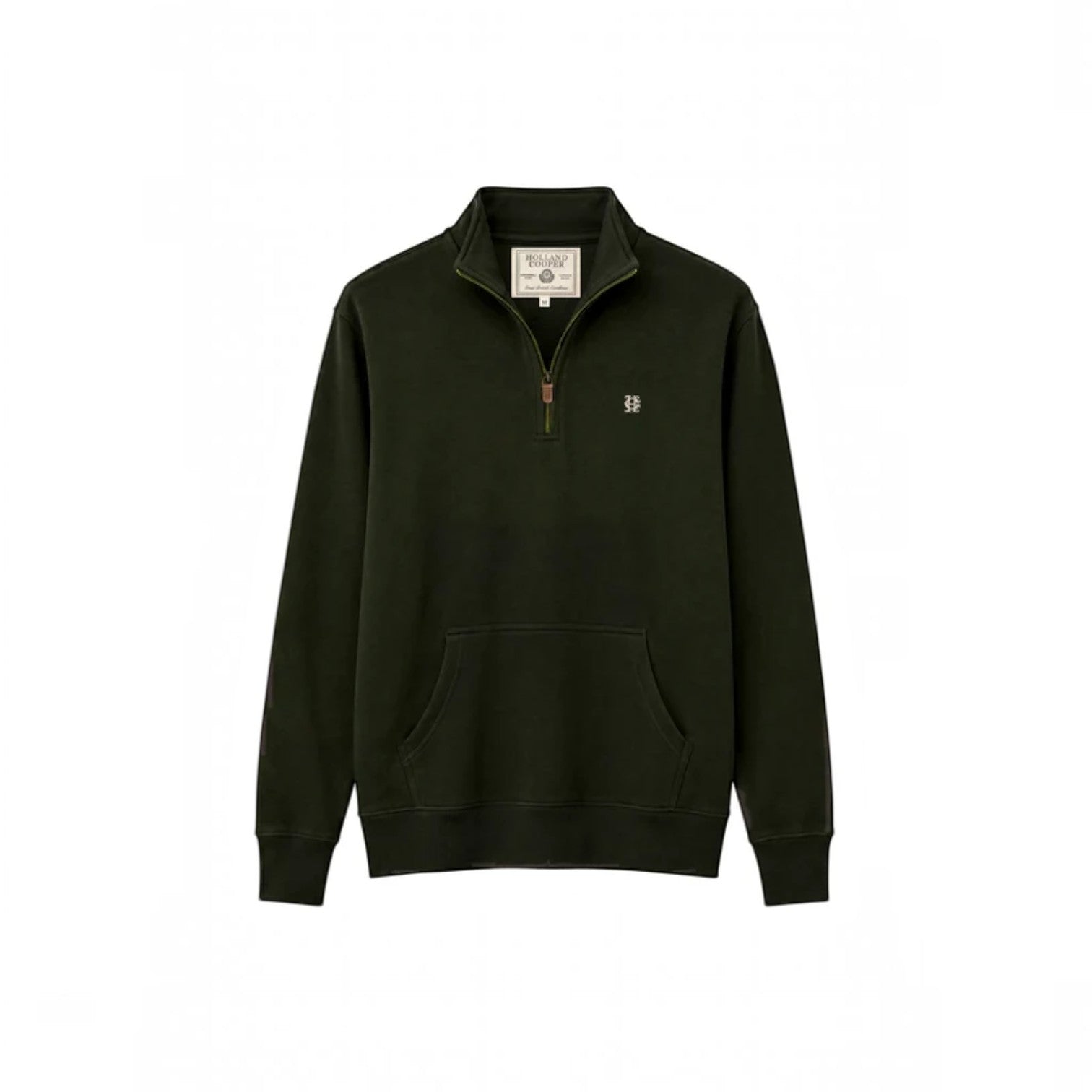 A dark olive green quarter-zip sweatshirt with a small embroidered logo on the left chest, displayed on a clean white background.