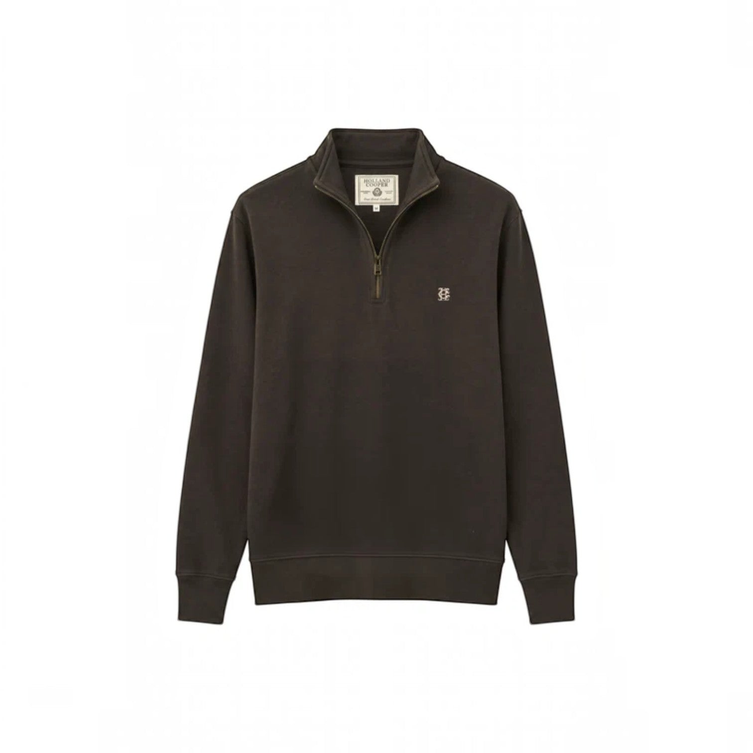 A dark brown quarter-zip sweatshirt with a small embroidered logo on the left chest, displayed on a clean white background.