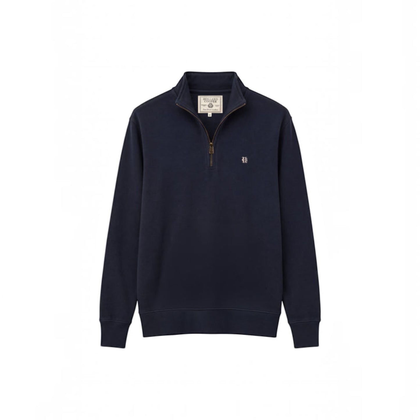 A navy blue quarter-zip sweatshirt with a small embroidered logo on the left chest, displayed on a clean white background.