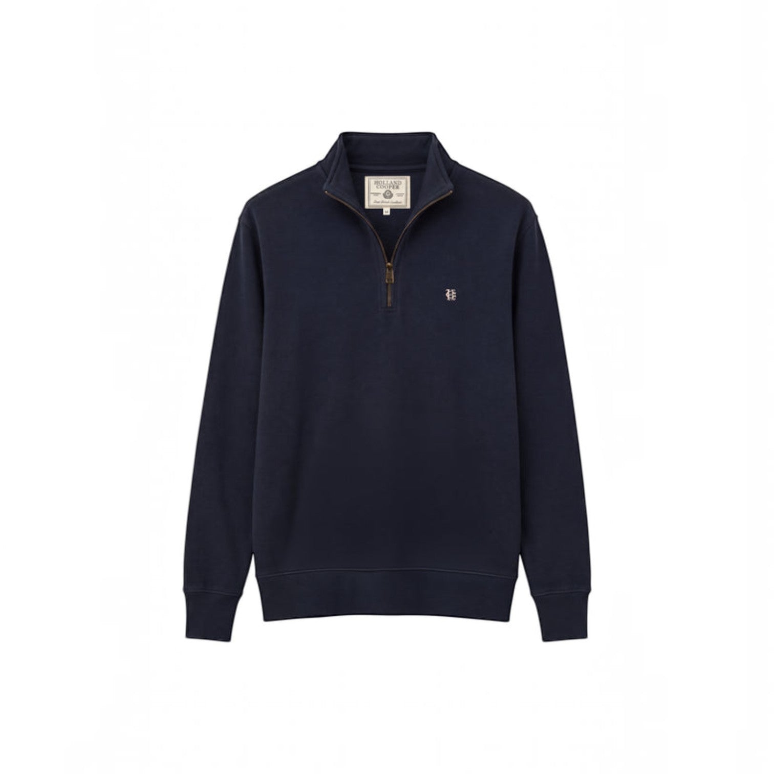 A navy blue quarter-zip sweatshirt with a small embroidered logo on the left chest, displayed on a clean white background.