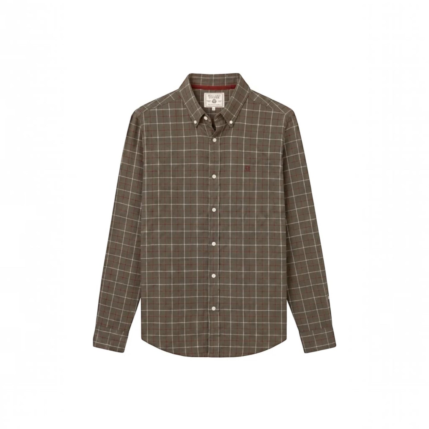 A brown and beige plaid long-sleeve button-down shirt with a small embroidered logo on the chest pocket, displayed on a clean white background.