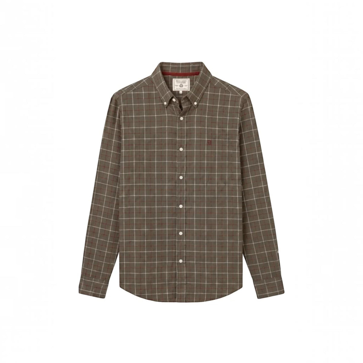 A brown and beige plaid long-sleeve button-down shirt with a small embroidered logo on the chest pocket, displayed on a clean white background.