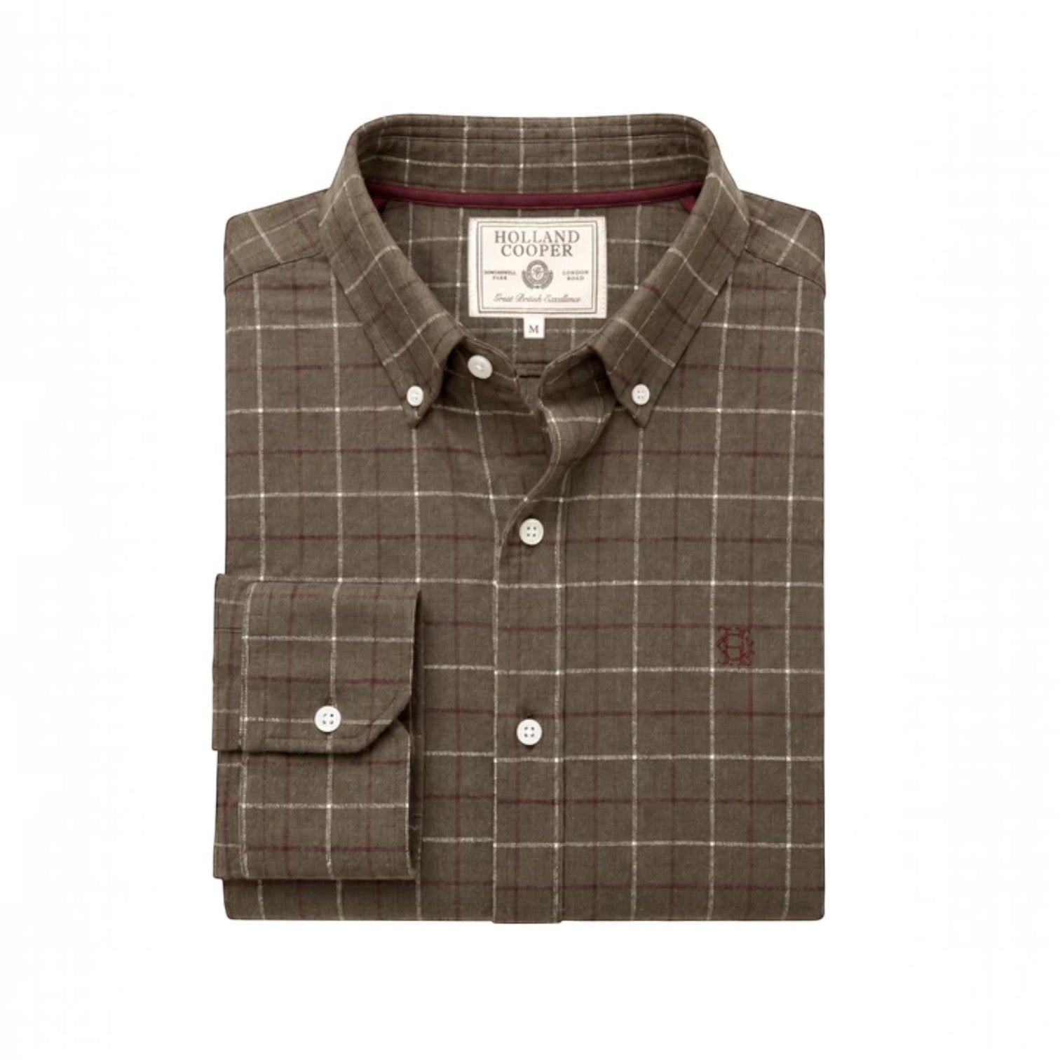 A folded brown plaid button-down shirt by Holland Cooper, featuring a white and red windowpane pattern, white buttons, and a single-button cuff.