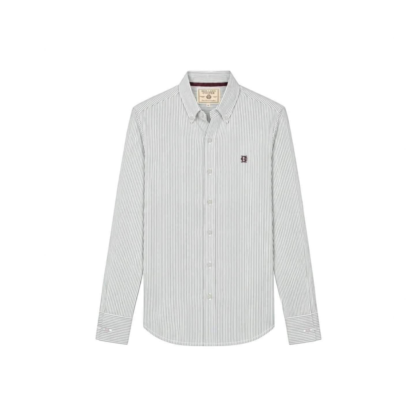 A long-sleeve button-down shirt with fine vertical pinstripes in light gray and white, featuring a small embroidered logo on the left chest.