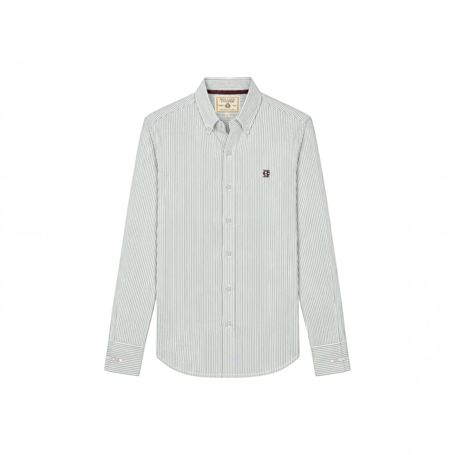 A long-sleeve button-down shirt with fine vertical pinstripes in light gray and white, featuring a small embroidered logo on the left chest.