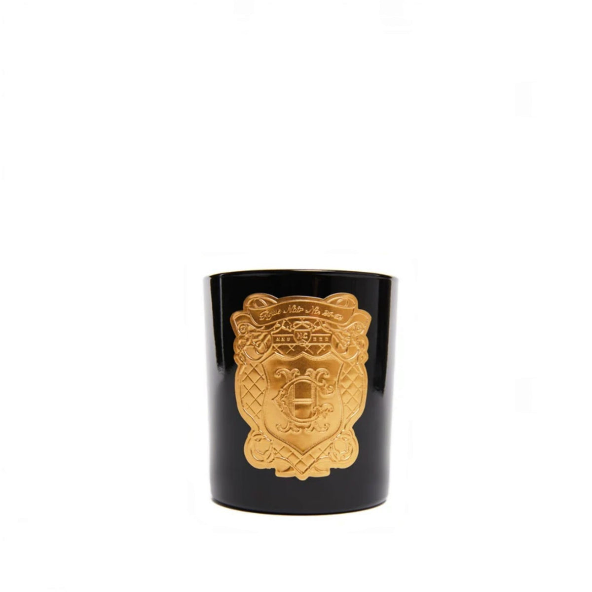 A black cylindrical candle jar featuring a large, raised gold police badge emblem on the front, set against a plain white background.