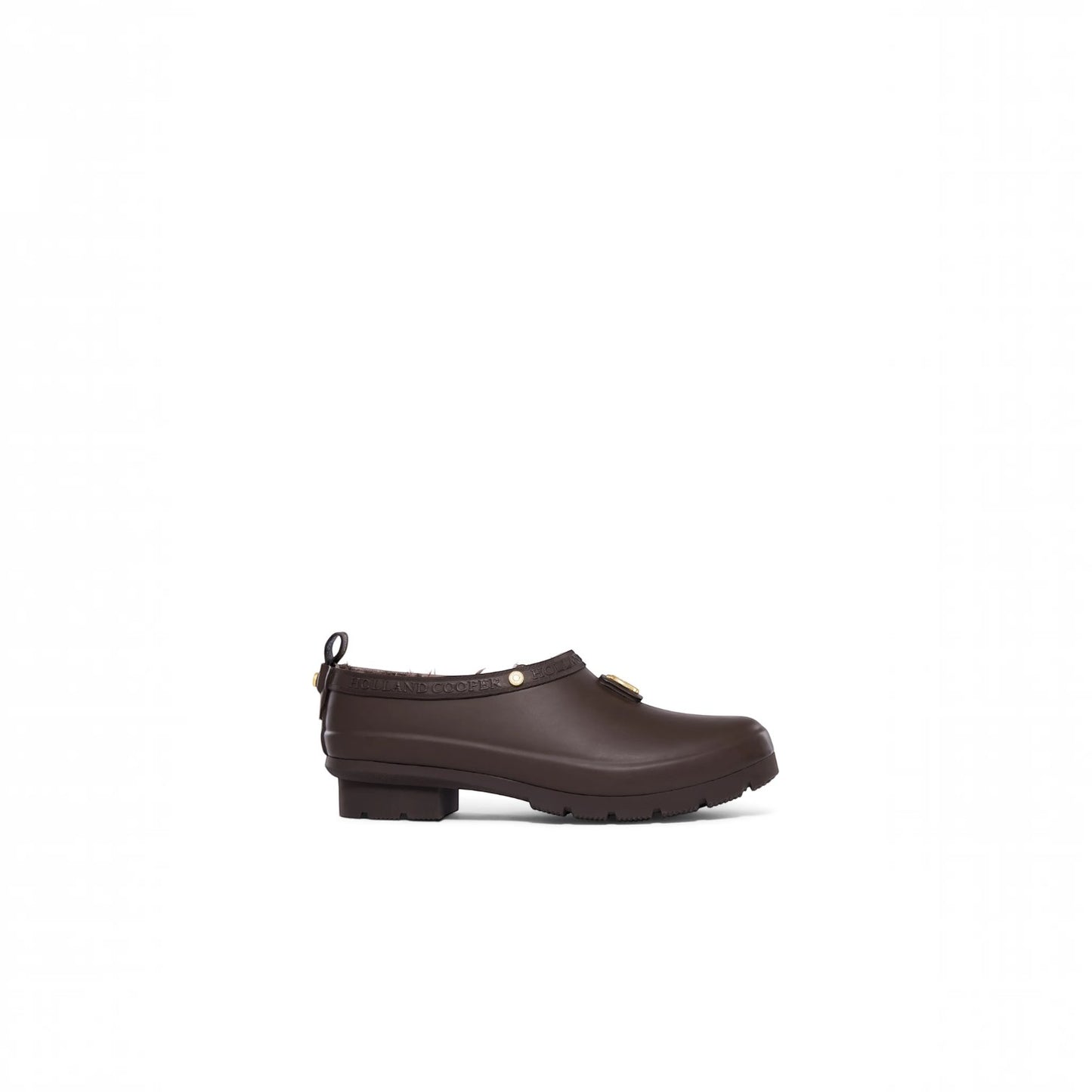 Brown leather mule shoe on a white background