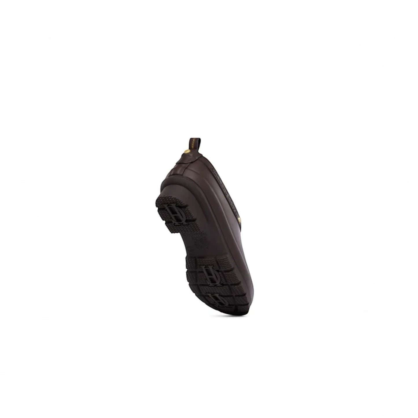A dark brown slip-on shoe shown from a side-rear angle against a solid white background.