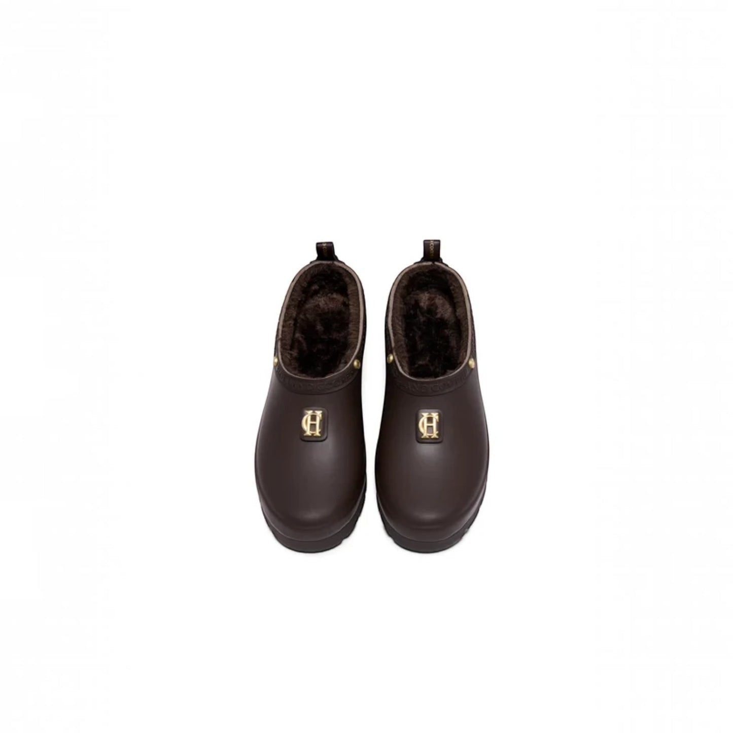 A pair of dark brown rubber rain boots with plush brown faux-fur lining and gold-tone metal hardware, shown from a top-down view on a white background.