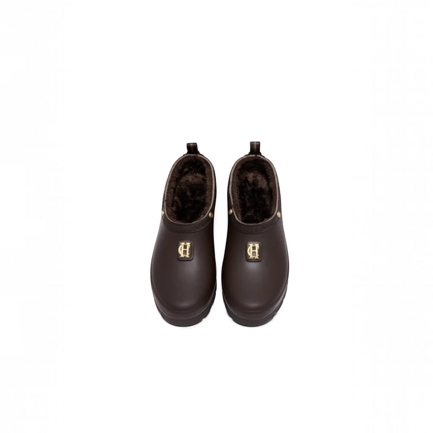 A pair of dark brown rubber rain boots with plush brown faux-fur lining and gold-tone metal hardware, shown from a top-down view on a white background.