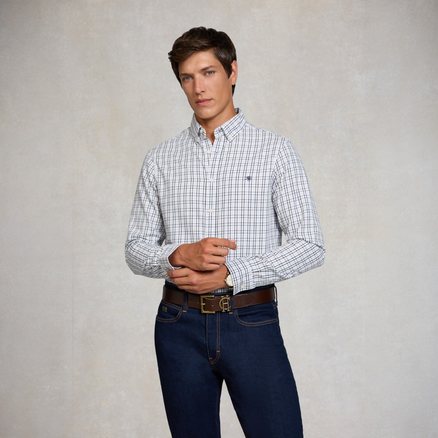 Holland Cooper Men's Classic Woven Button Down Shirt Cheltenham Check Blue