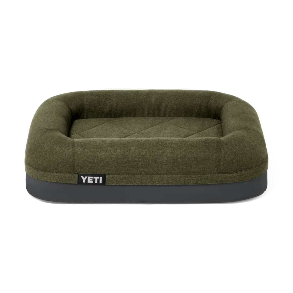 A YETI pet bed in olive green with a dark gray base, shown from the front on a white background.