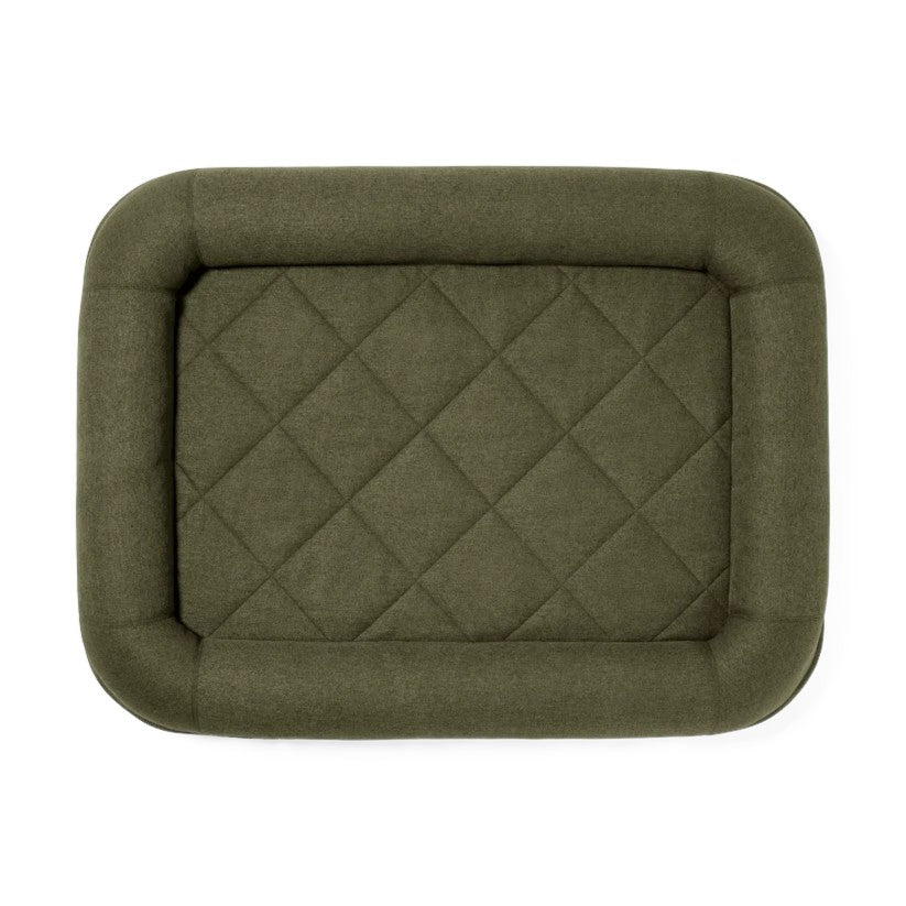 An olive green rectangular pet bed with a diamond-quilted center and a thick padded border, shown from a top-down view on a white background.