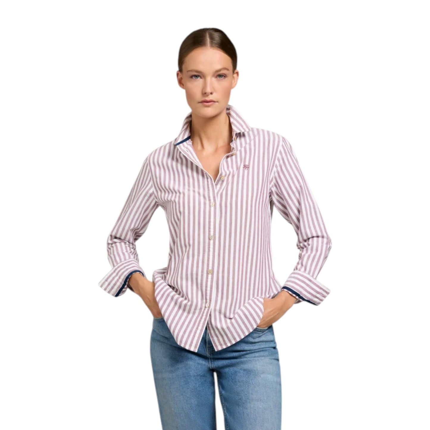 Holland Cooper Oxford Shirt Washed Burgundy Stripe
