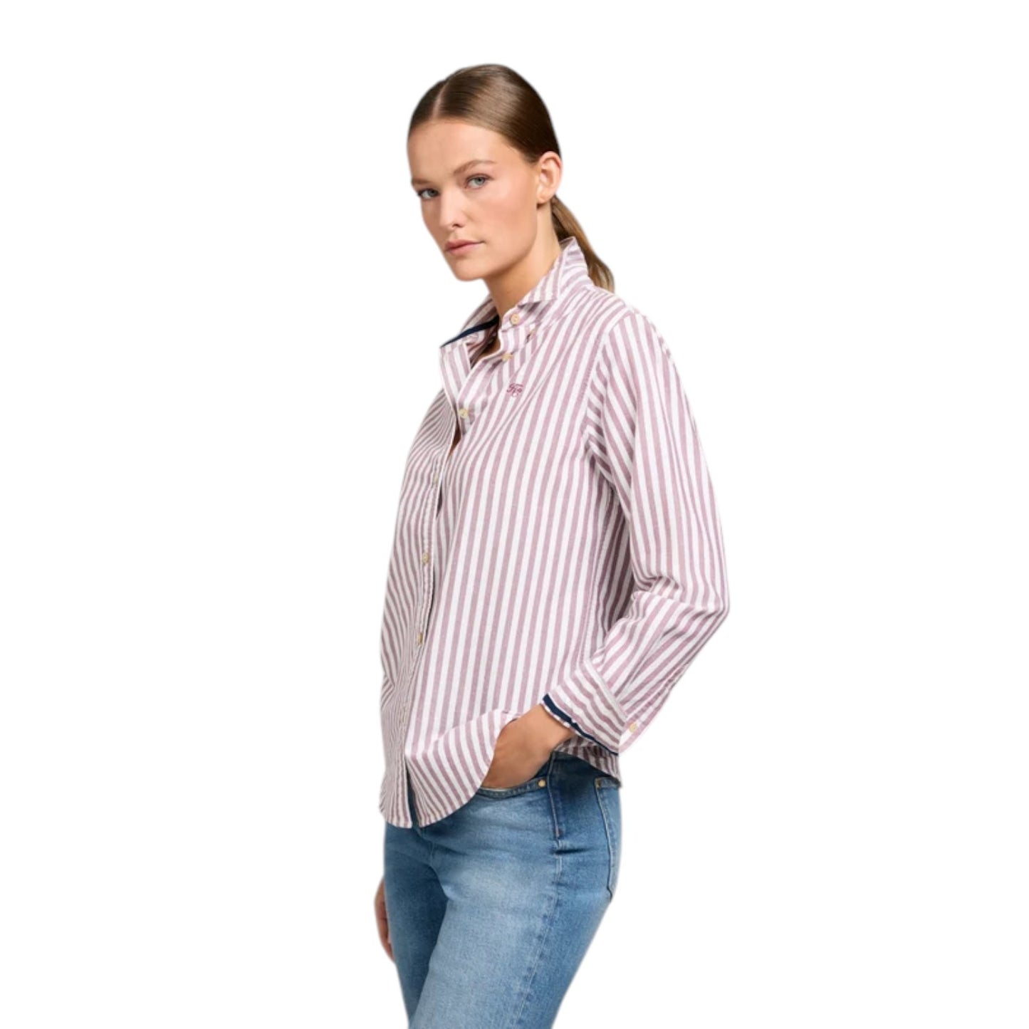 Holland Cooper Oxford Shirt Washed Burgundy Stripe