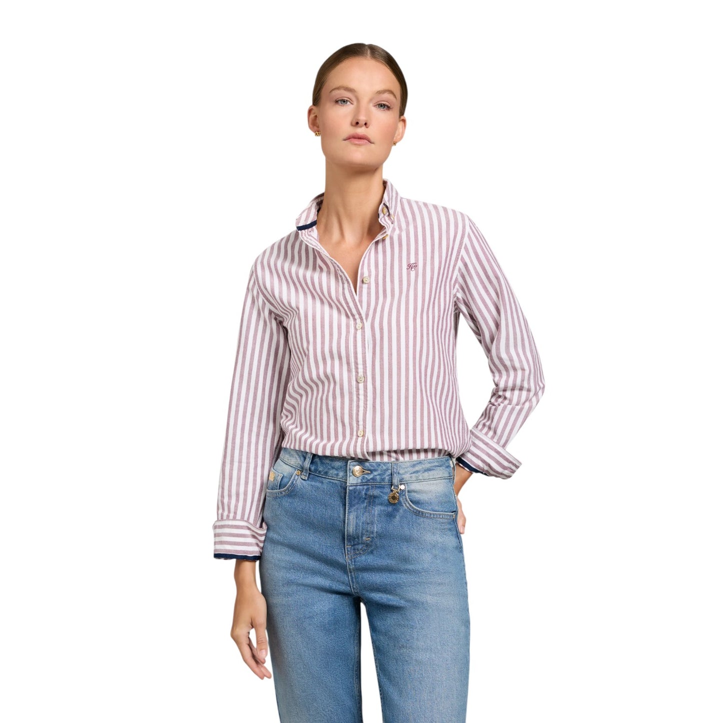 Holland Cooper Oxford Shirt Washed Burgundy Stripe