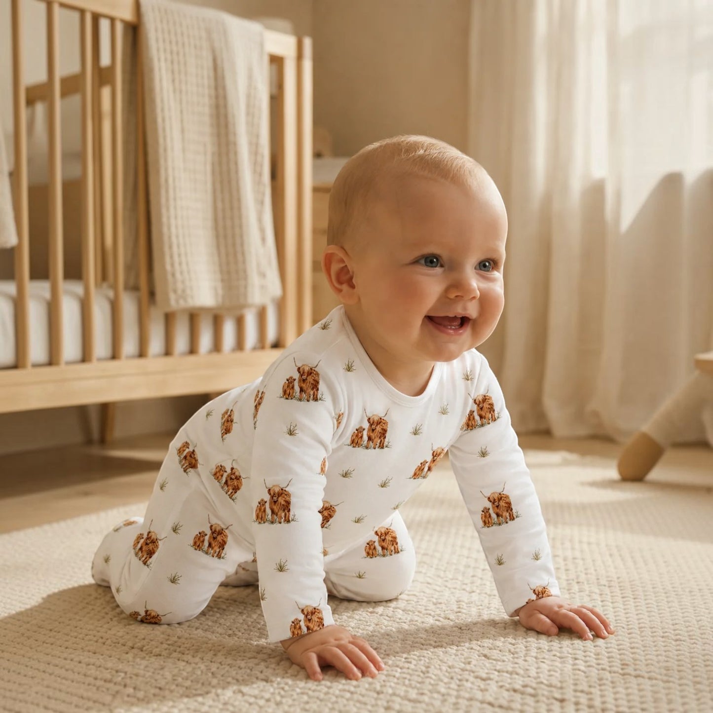 The Little Stamford Co. Highland Cow Farm Baby Sleepsuit