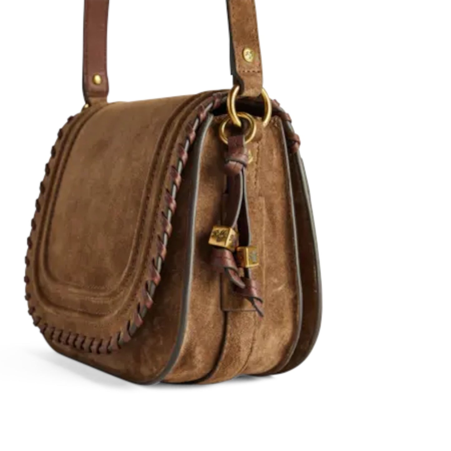 A brown suede shoulder bag with braided leather trim, gold-tone hardware, and a hanging leather tag, shown on a plain white background.