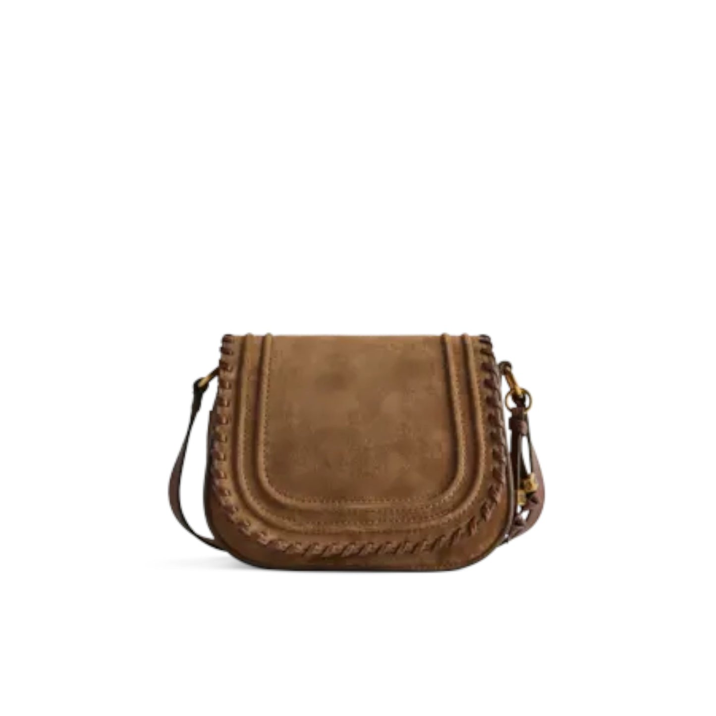 A brown suede shoulder bag with braided leather trim and a thin shoulder strap, shown against a plain white background.