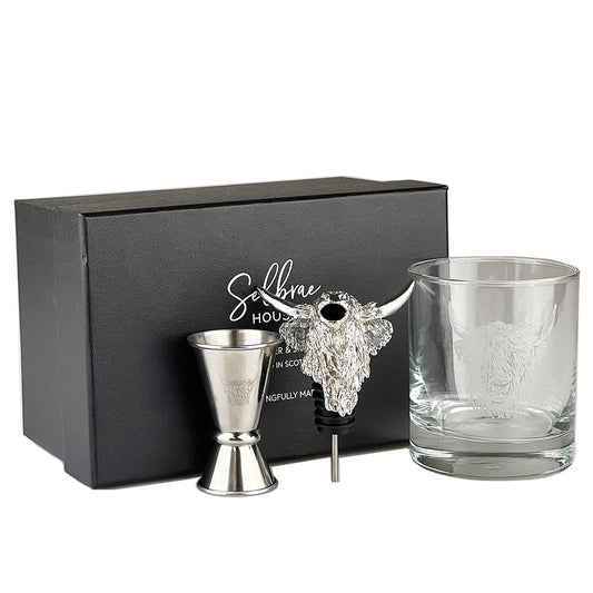 Glass, Pourer and Jigger Set - Highland Cow