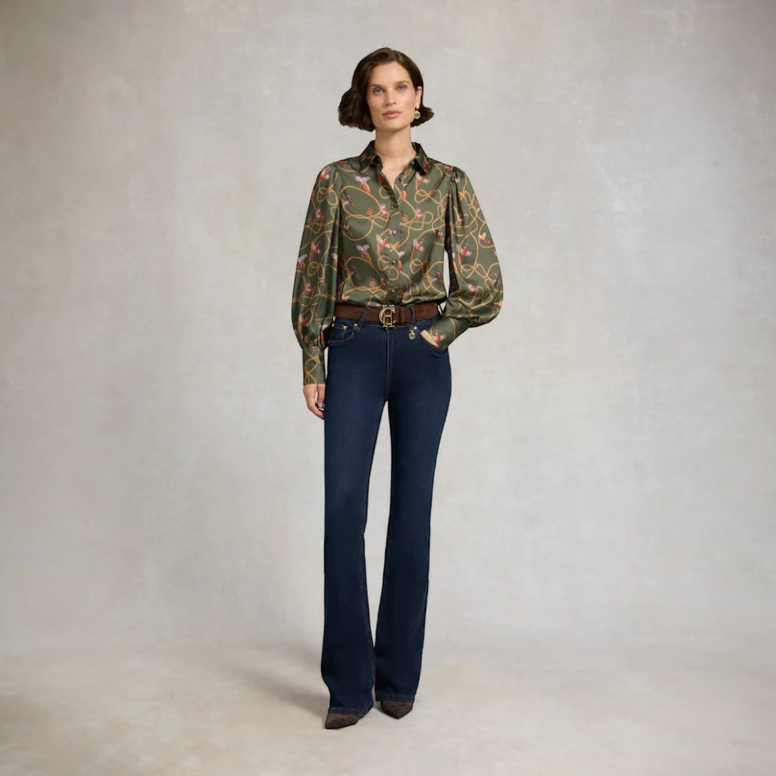 Holland Cooper Isla Satin Shirt Khaki Pheasant