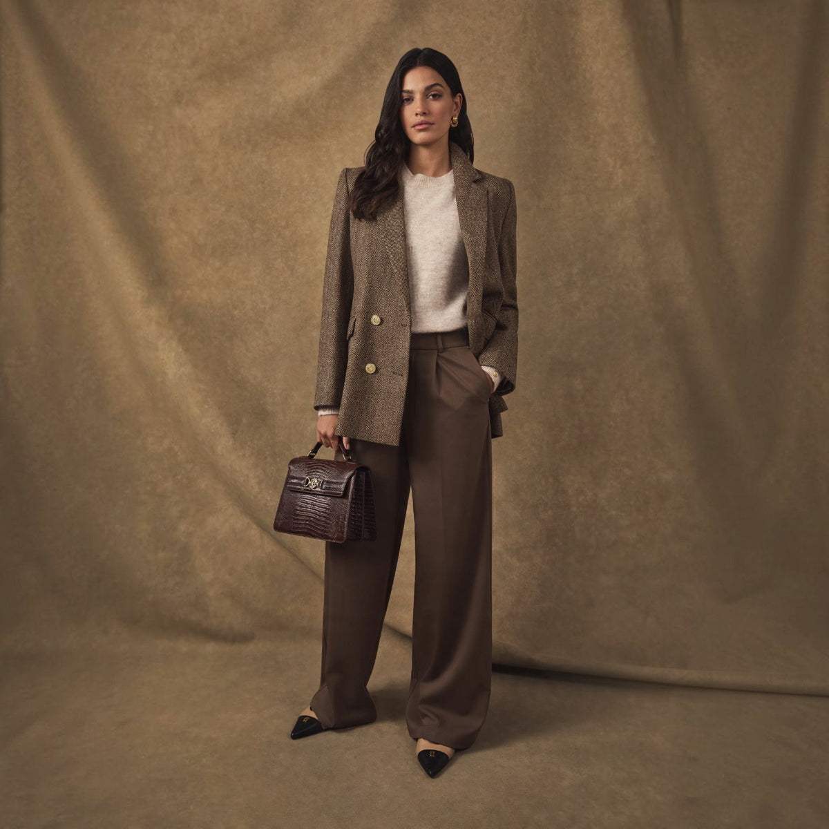 Holland Cooper Double Breasted Blazer Large Scale Brown Herringbone