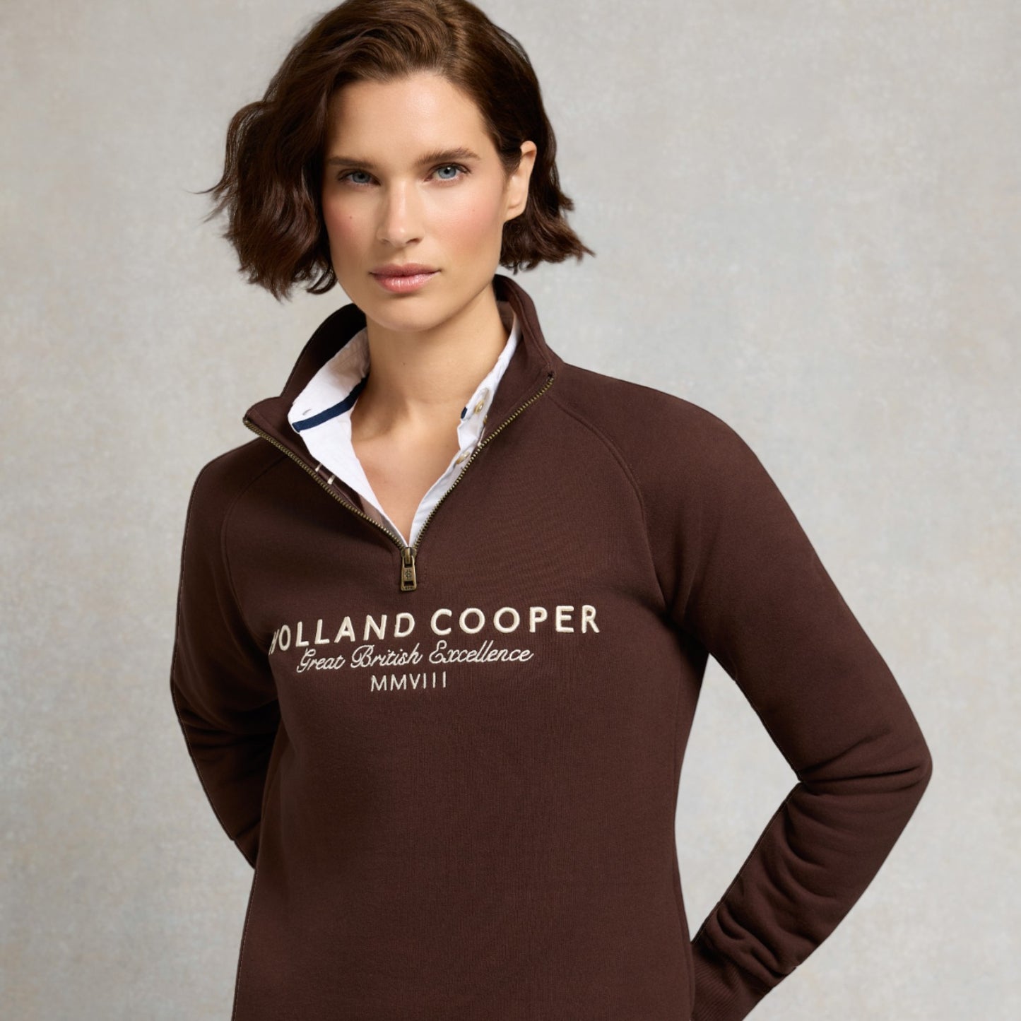Holland Cooper Sporting Goods Zip Henley Walnut