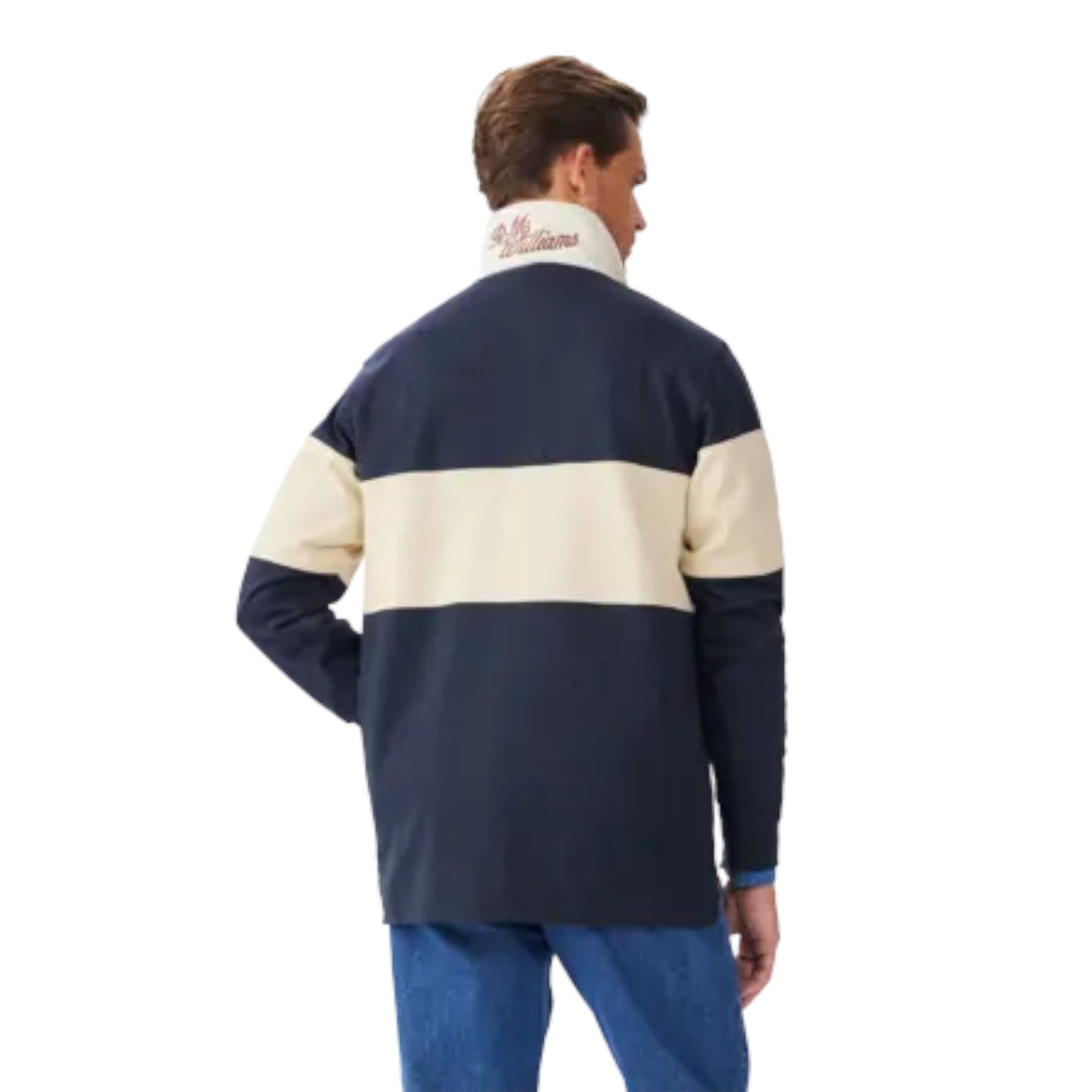 Man wearing a navy and white striped shirt on a white background