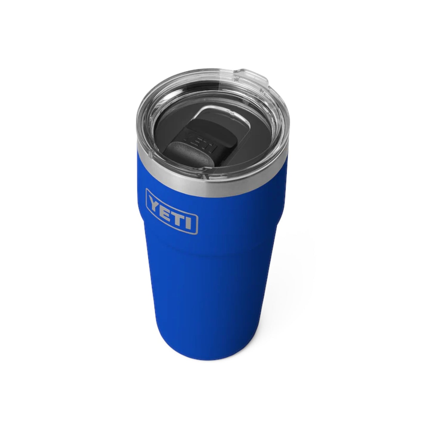 Blue YETI tumbler with a clear lid on a white background