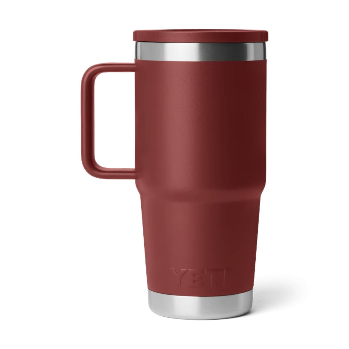 A YETI travel mug in matte burgundy with a stainless steel rim and base, shown on a clean white background.