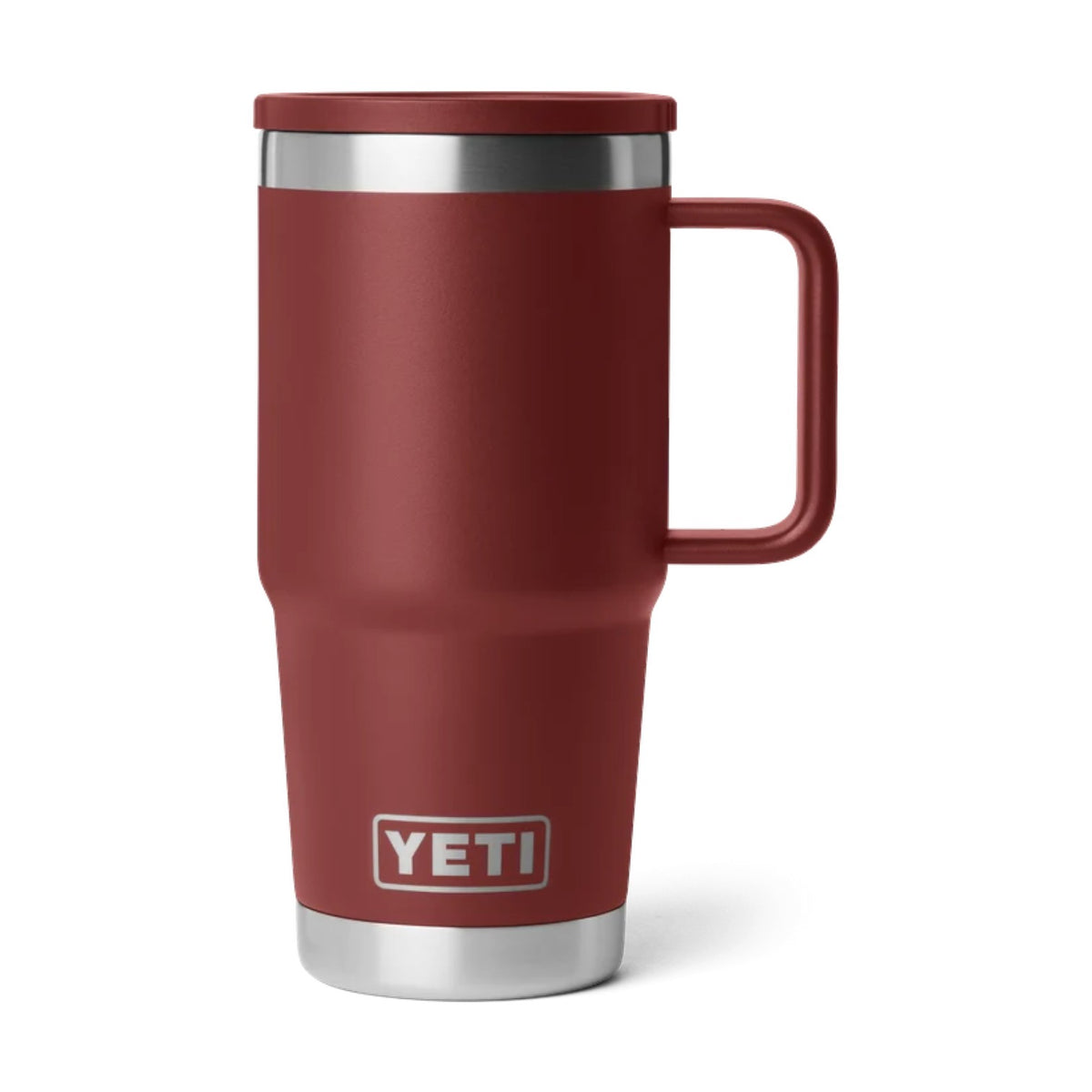 A YETI travel mug in a matte burgundy red color with stainless steel accents on the lid, rim, and base, featuring the YETI logo on the lower front.
