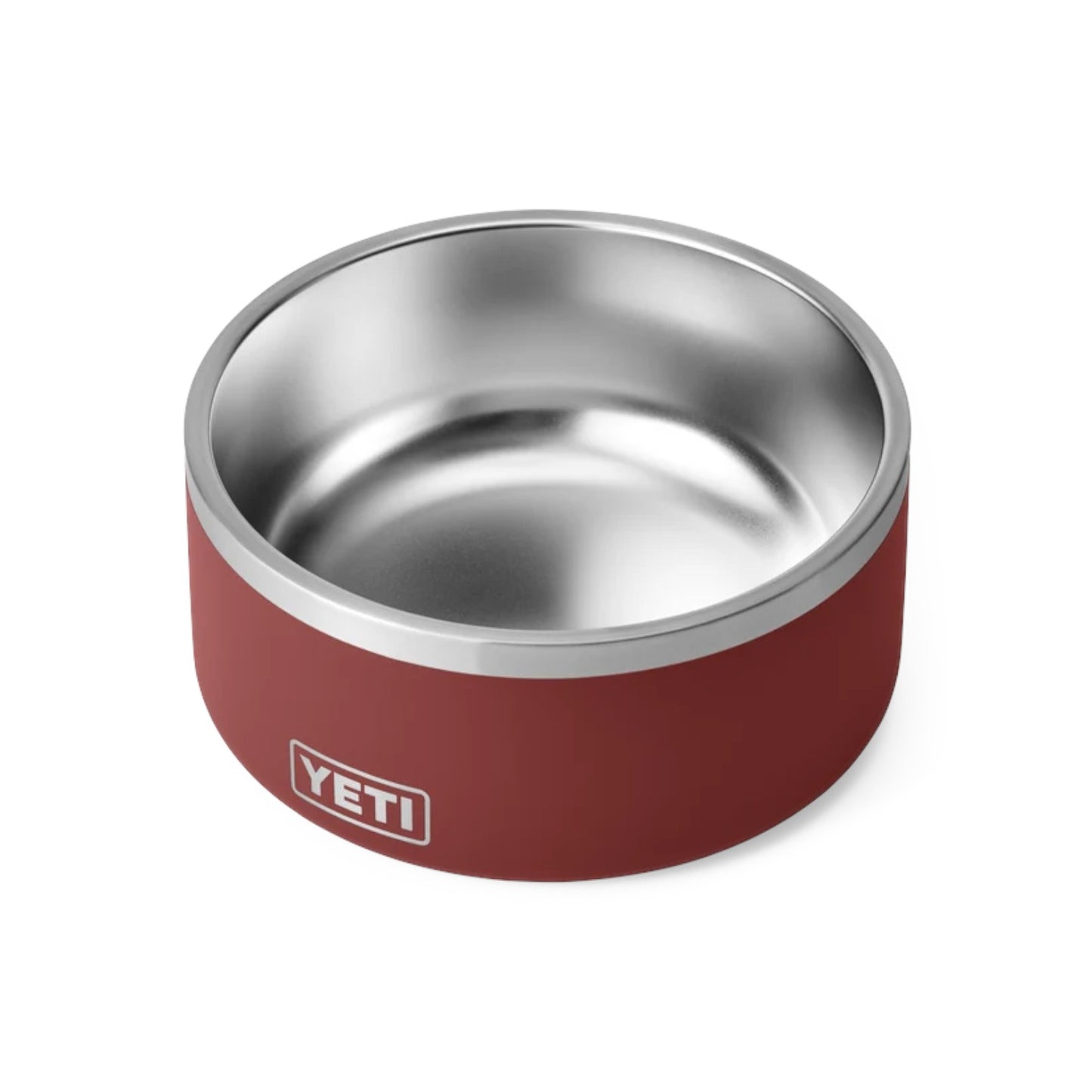 A YETI pet bowl with a matte burgundy exterior and a polished stainless steel interior, shown on a clean white background.