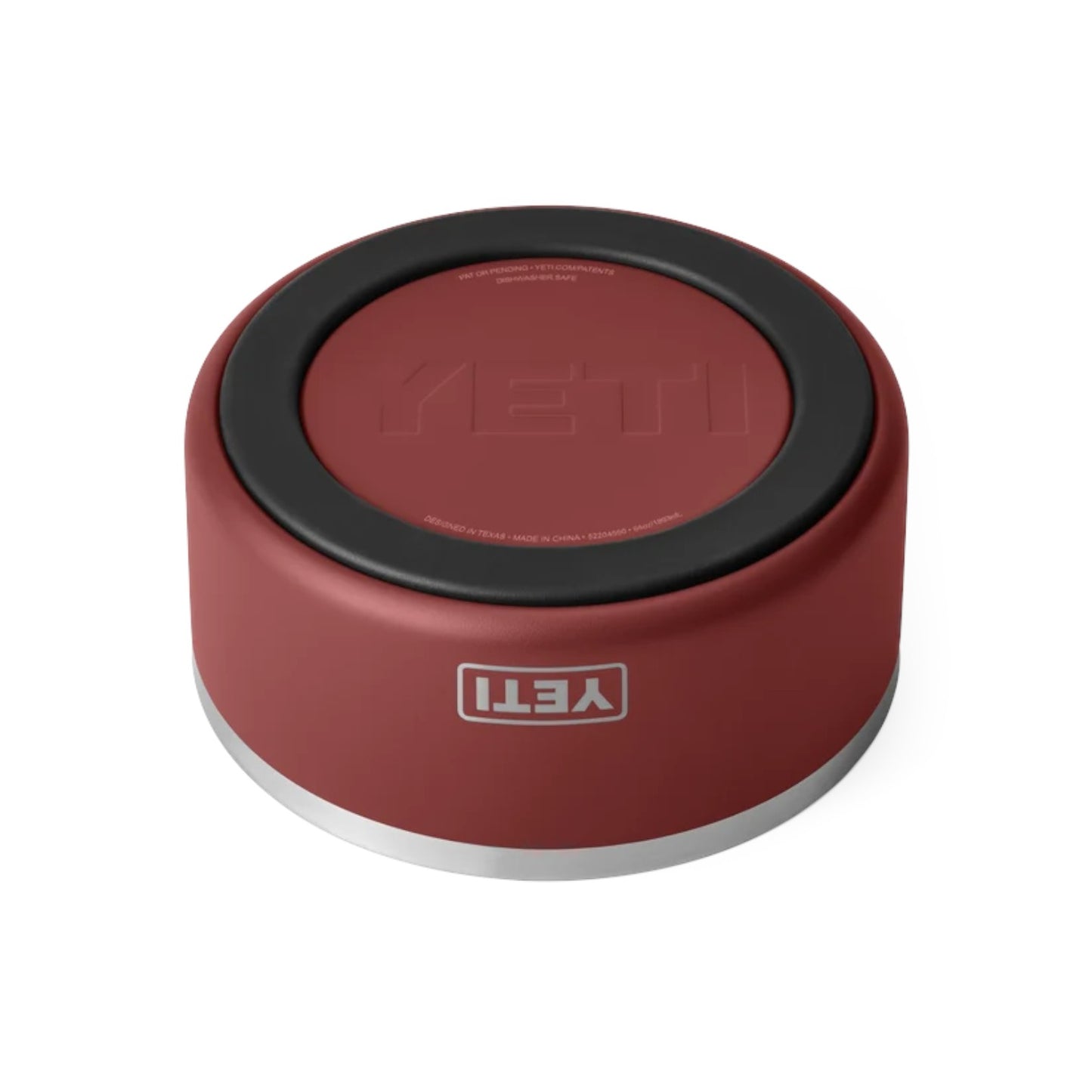 A YETI insulated container lid in matte burgundy red with a black top rim and a silver metal band, shown on a clean white background.
