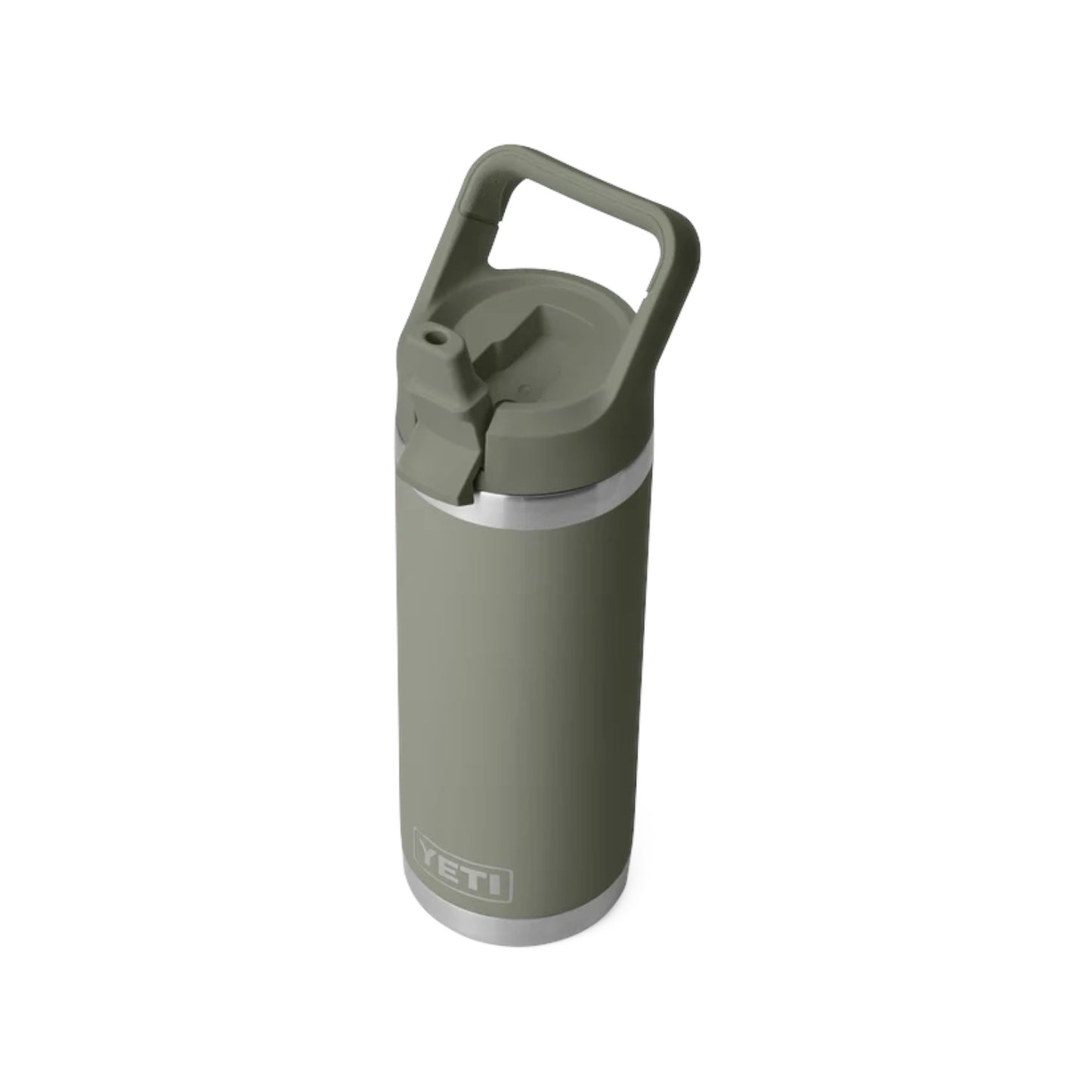 A YETI insulated travel tumbler in olive green with a matching green lid and handle, featuring a silver metallic band near the top, shown on a plain white background.