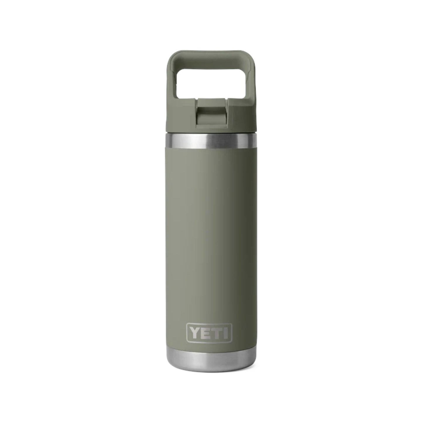 A YETI insulated travel tumbler in sage green with a matching green lid and handle, featuring a silver stainless steel band and base, on a solid white background.
