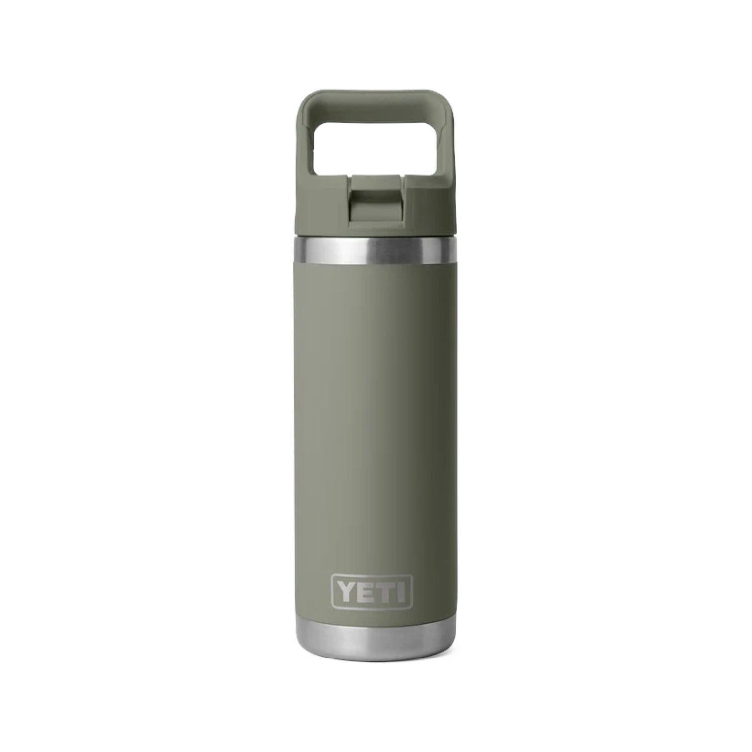 A YETI insulated travel tumbler in sage green with a matching green lid and handle, featuring a silver stainless steel band and base, on a solid white background.