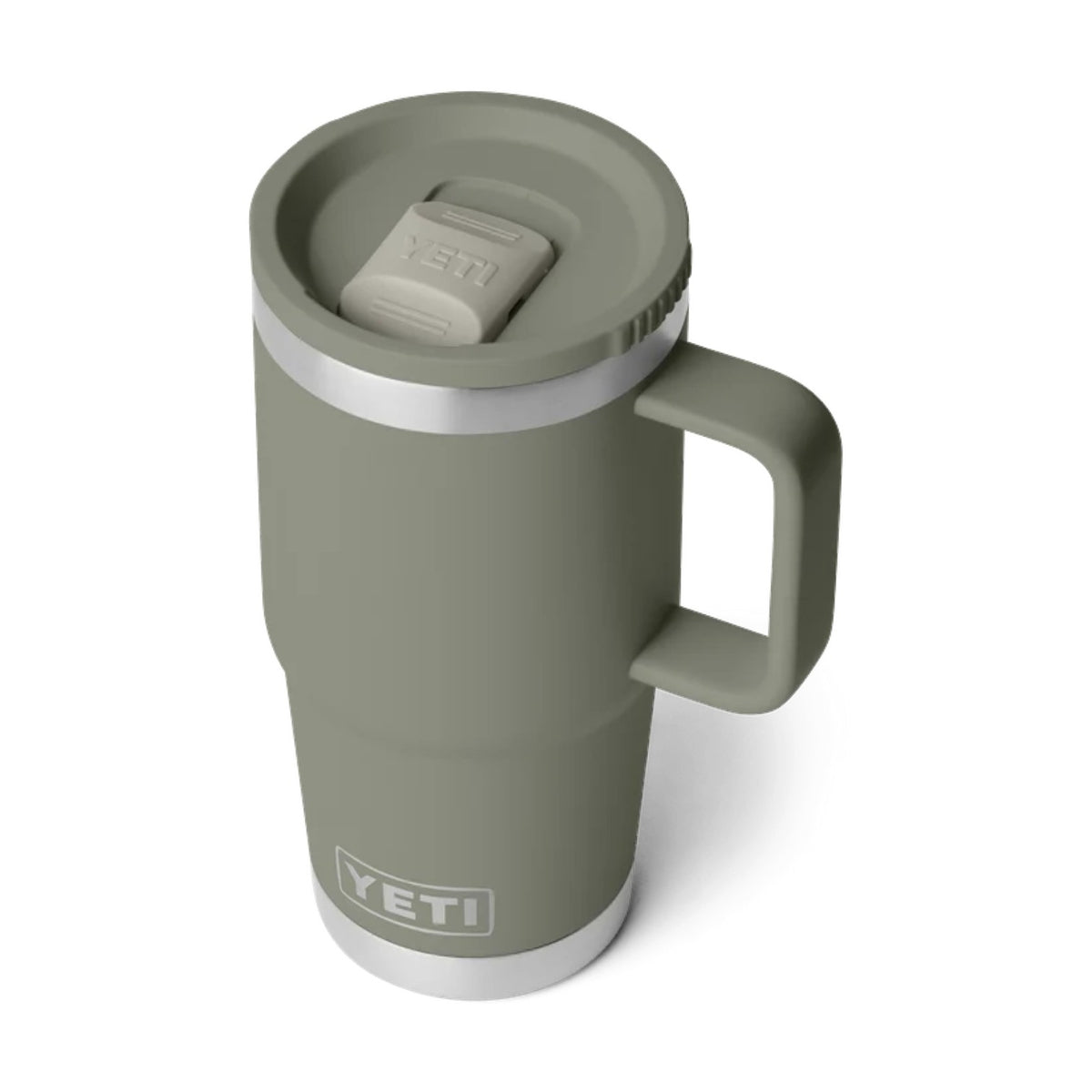 A YETI insulated travel mug in a muted sage green color, featuring a matching green lid with a flip-up straw, a side handle, and silver metal accents at the rim and base.