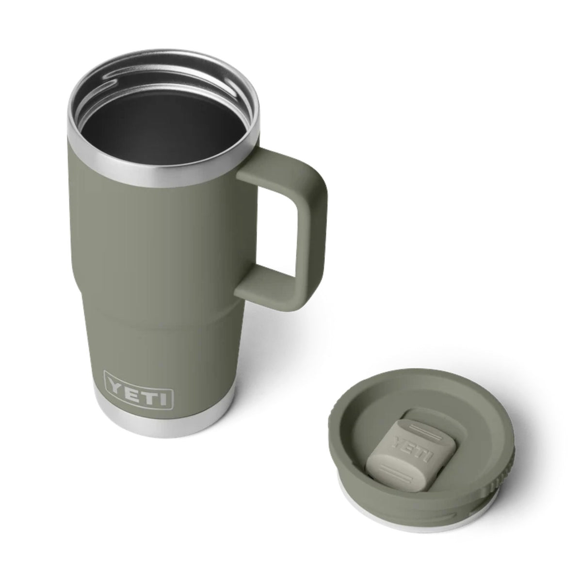 An olive green YETI travel mug with a matching lid, displayed on a clean white background. The mug features a matte finish, a stainless steel interior, and the YETI logo near the base.