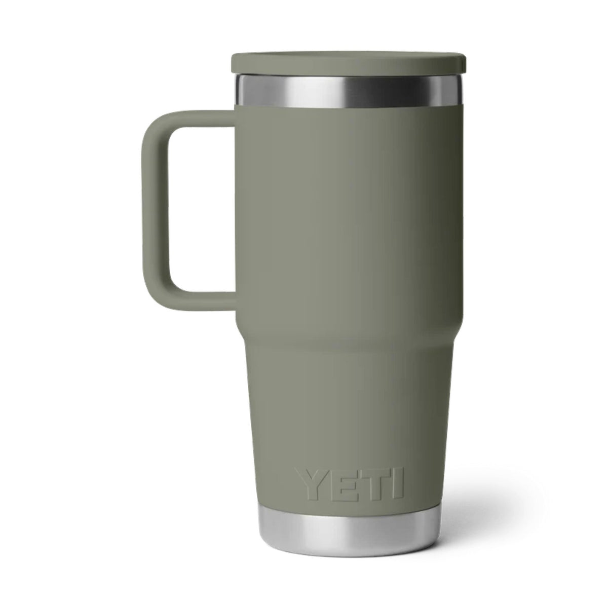 A YETI travel mug in a matte sage green color, featuring a matching green lid, a sturdy handle, and stainless steel accents at the top rim and bottom base.