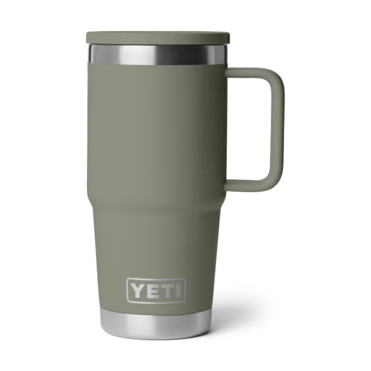 A YETI travel mug in a matte sage green color, featuring a stainless steel rim and base, with the YETI logo printed near the bottom. It is shown on a clean white background with a soft shadow.