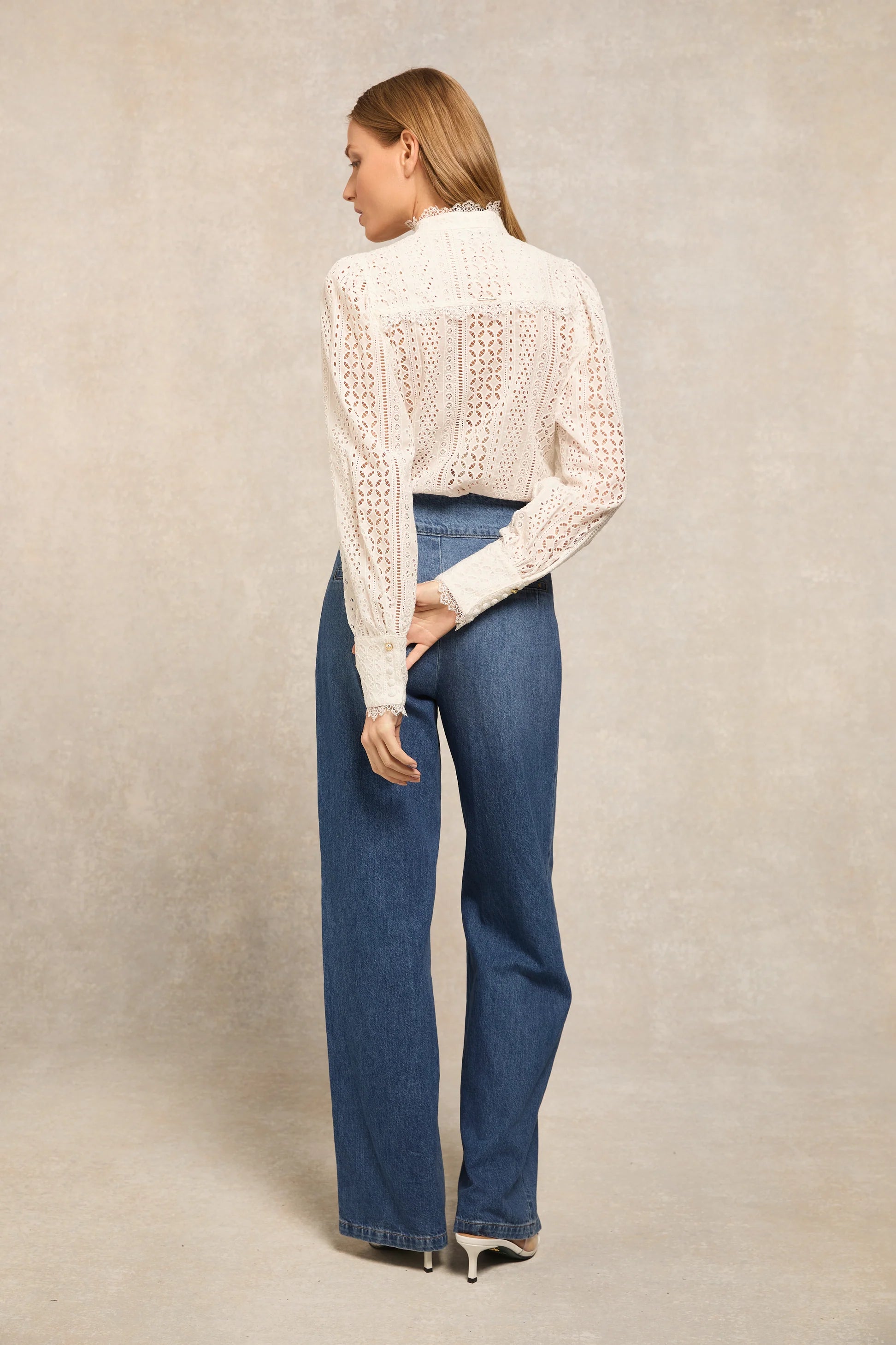 Holland Cooper Collarless Broderie Shirt White