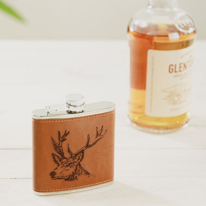 Leather Hip Flask Stag