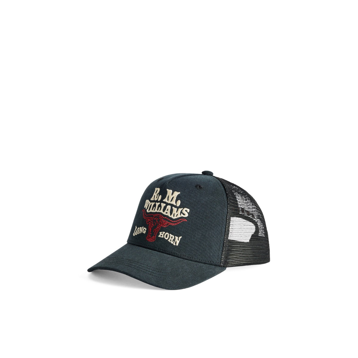 A dark washed black trucker hat with 'R.M.Williams'