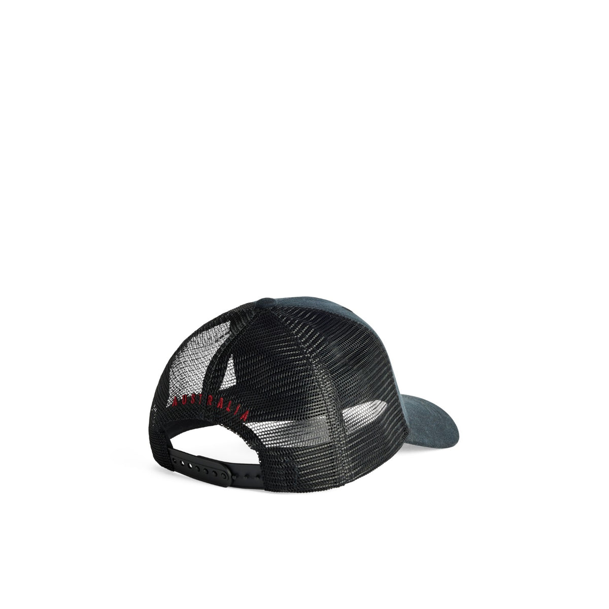 A black trucker-style cap with a black mesh back and a dark gray visor, shown from a rear three-quarter angle on a solid white background.