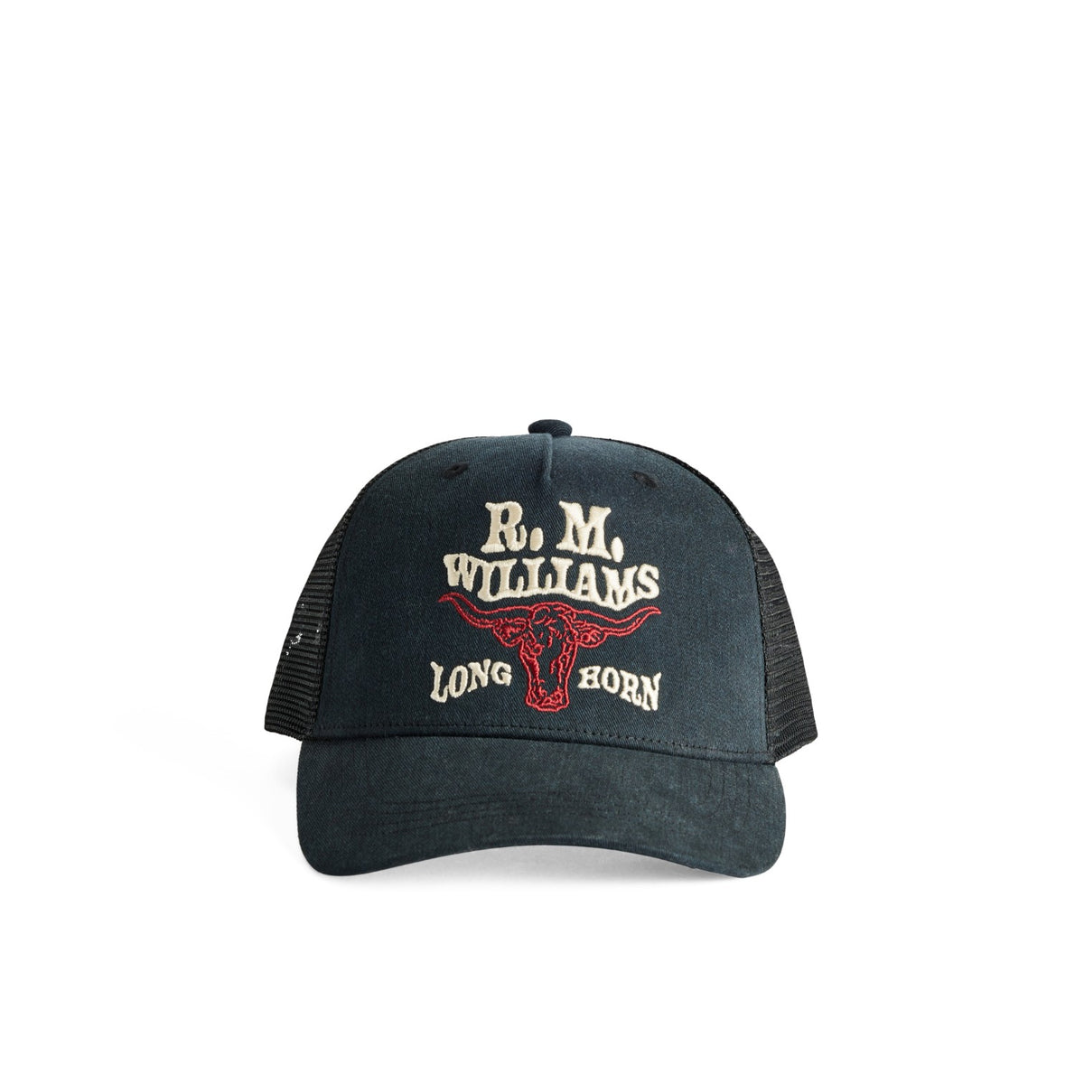 A dark washed trucker hat with black mesh back panels and embroidered front text reading 'R.M.