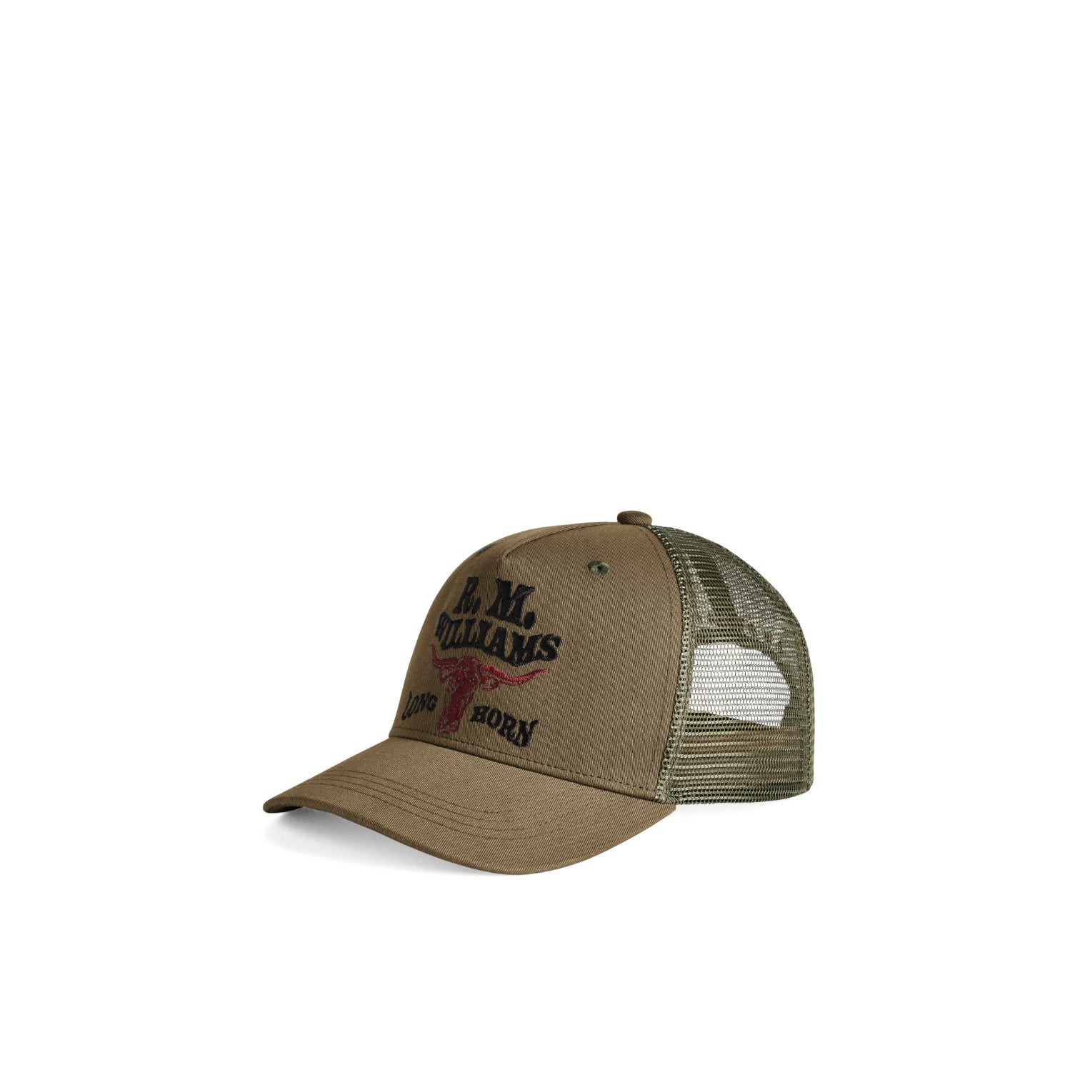 A trucker-style baseball cap in olive green with a mesh back, featuring a curved brim and embroidered front text reading 'J.M.