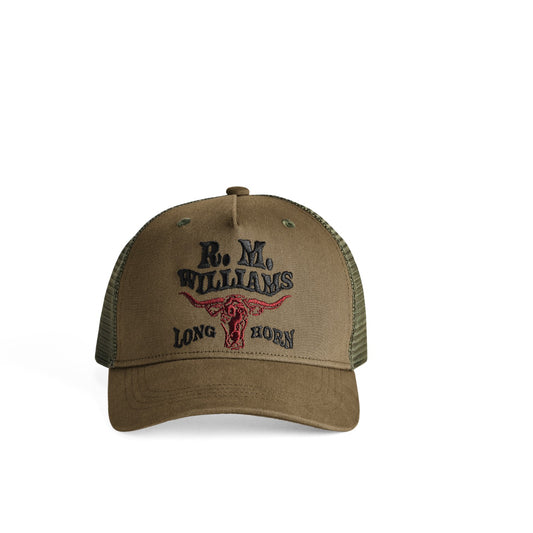 A brown trucker hat with embroidered 'R. M.