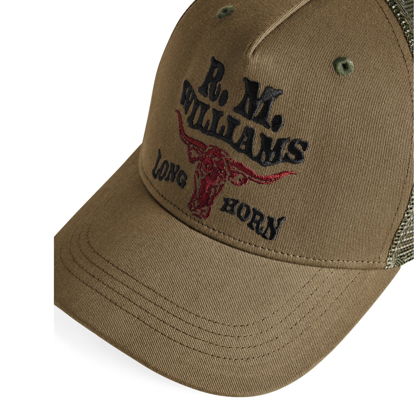 A close-up of a brown trucker hat featuring embroidered black text reading 'R. M.