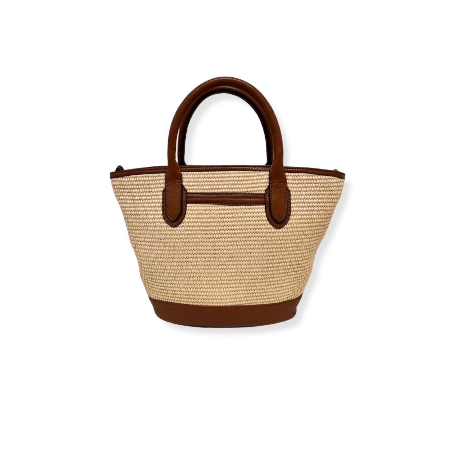 Woven handbag with brown accents on a white background